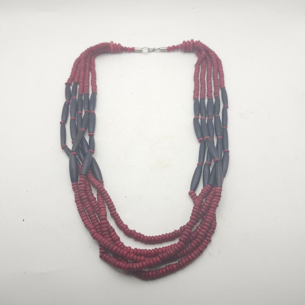 Red Black Wooden Bead Multi Strand Layered Statement Bib Necklace Boho Long